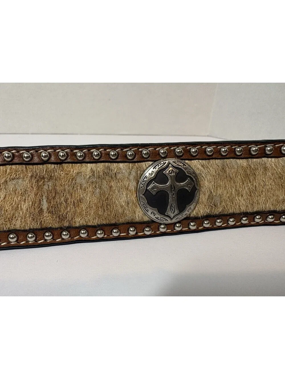 3D Belt Co Mens Western Sz 38 Handcrafted Leather Hide Studs Cross Conchos